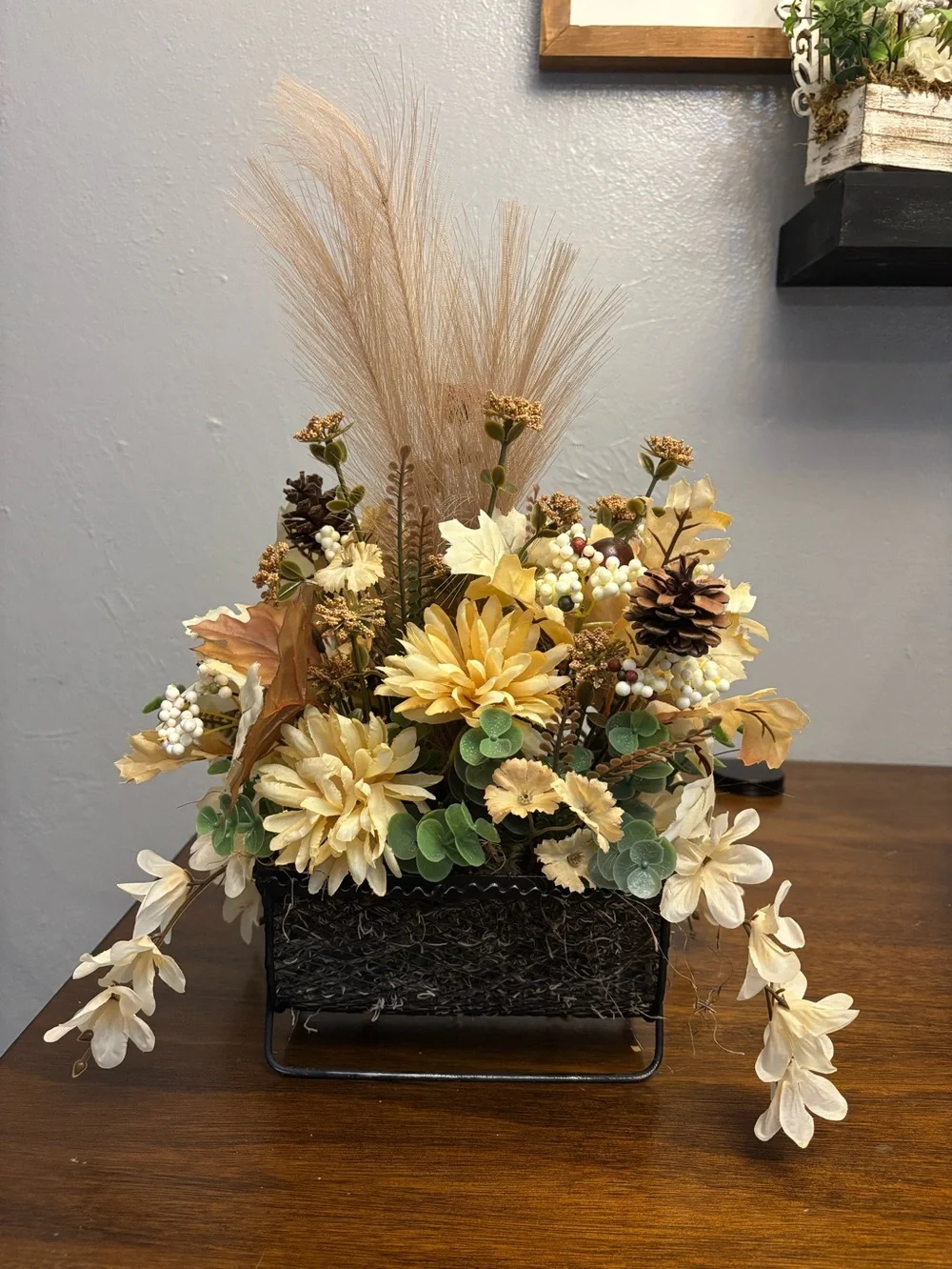 Neutral Cream & Tan Faux Floral Centerpiece with Green Accents